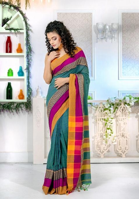 Teal Blue Solid Cotton Blend Saree Set