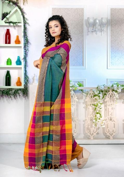 Teal Blue Solid Cotton Blend Saree Set