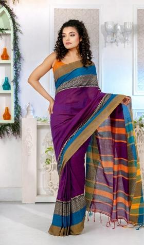 Purple Solid Cotton Blend Saree Set