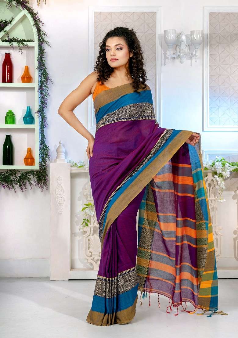 Purple Solid Cotton Blend Saree Set for Diwali and Festive Wear - Indya
