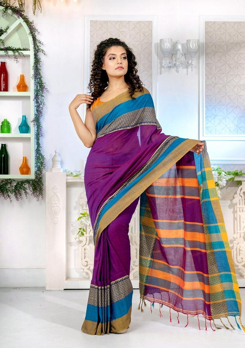 Purple Solid Cotton Blend Saree Set