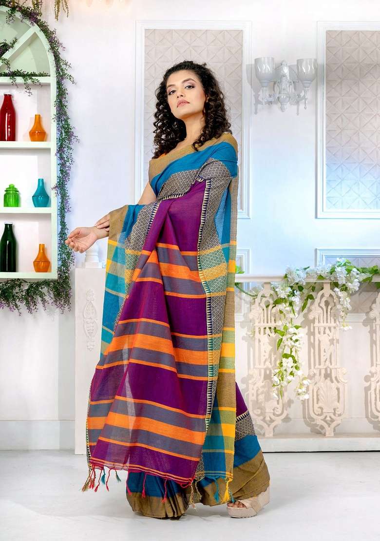 Purple Solid Cotton Blend Saree Set for Diwali and Festive Wear - Indya