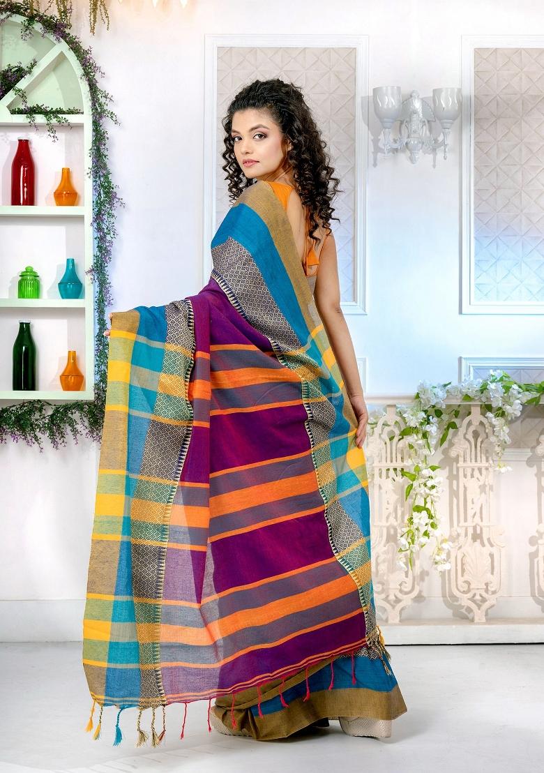Purple Solid Cotton Blend Saree Set