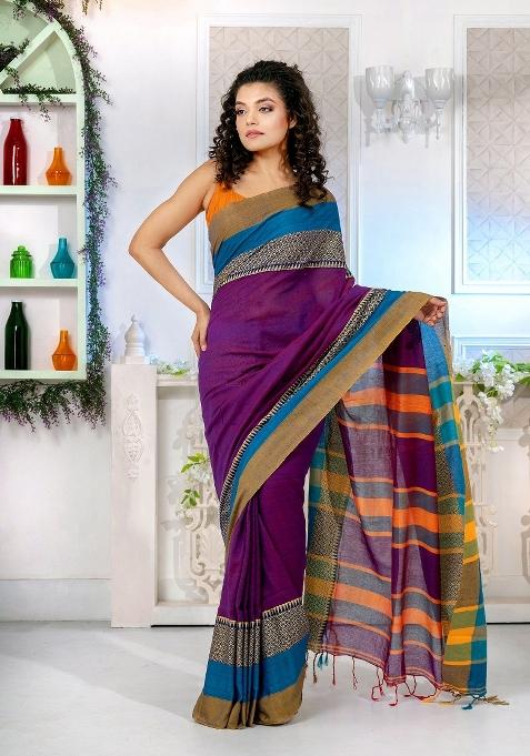 Purple Solid Cotton Blend Saree Set