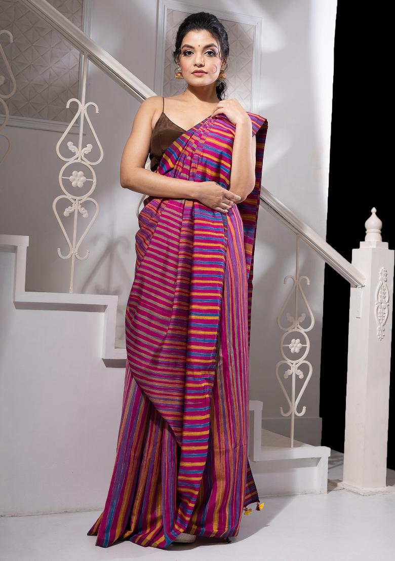 Pink Solid Cotton Blend Saree Set