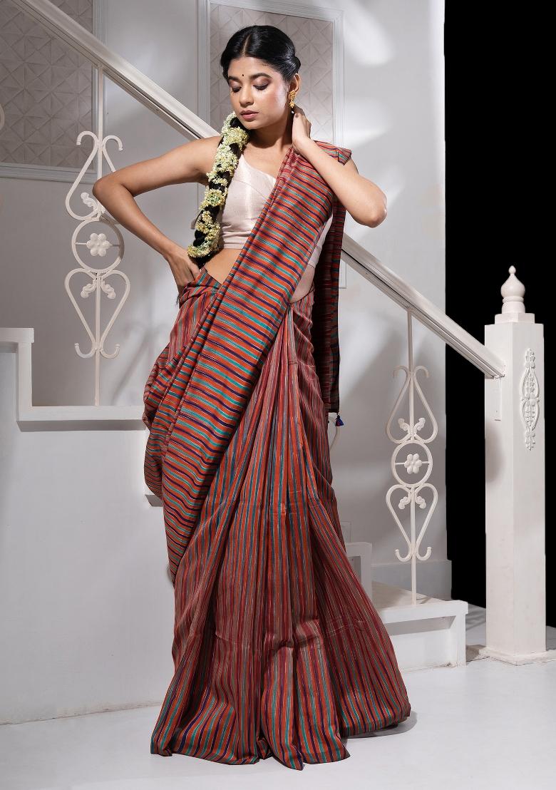 Orange Solid Cotton Blend Saree Set