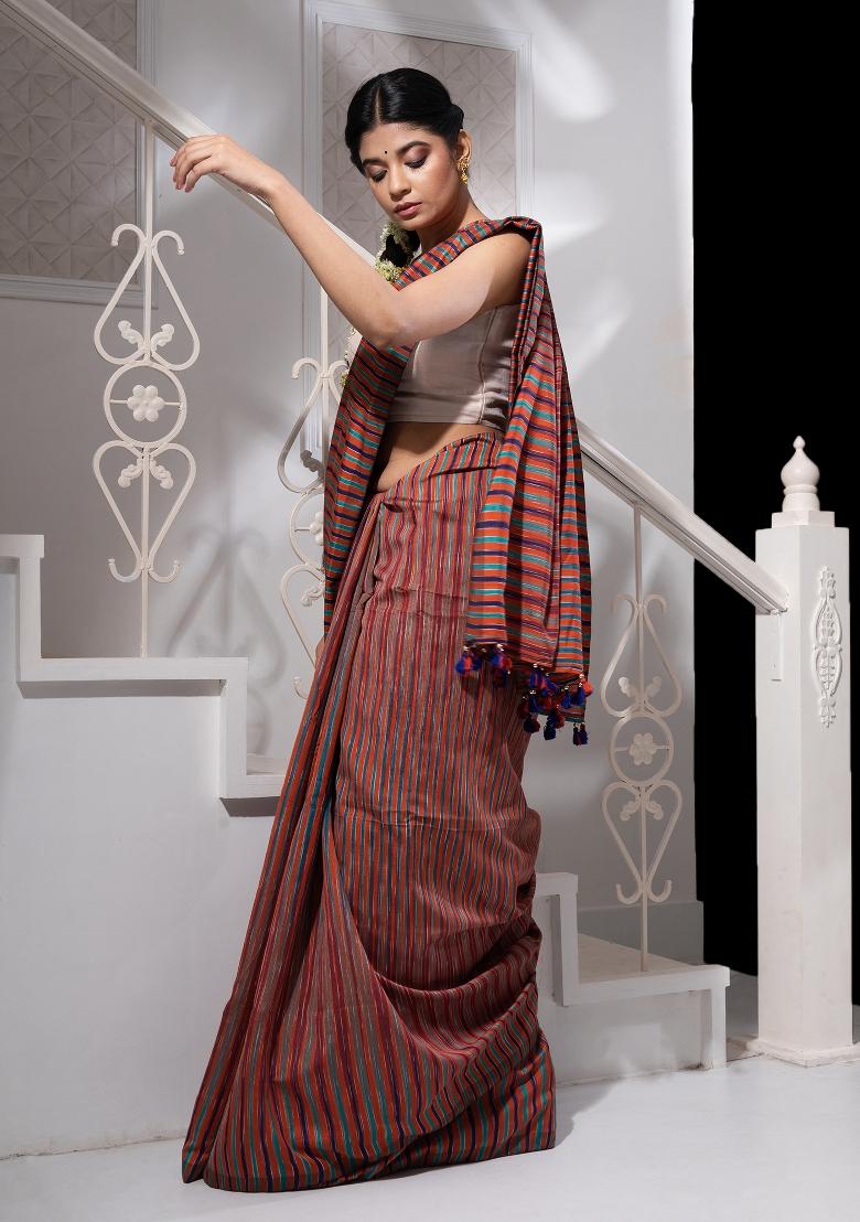 Orange Solid Cotton Blend Saree Set