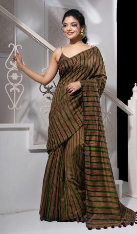 Green Solid Cotton Blend Saree Set