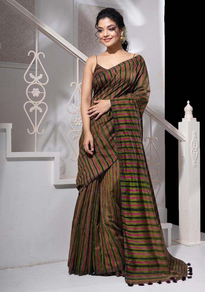 Green Solid Cotton Blend Saree Set