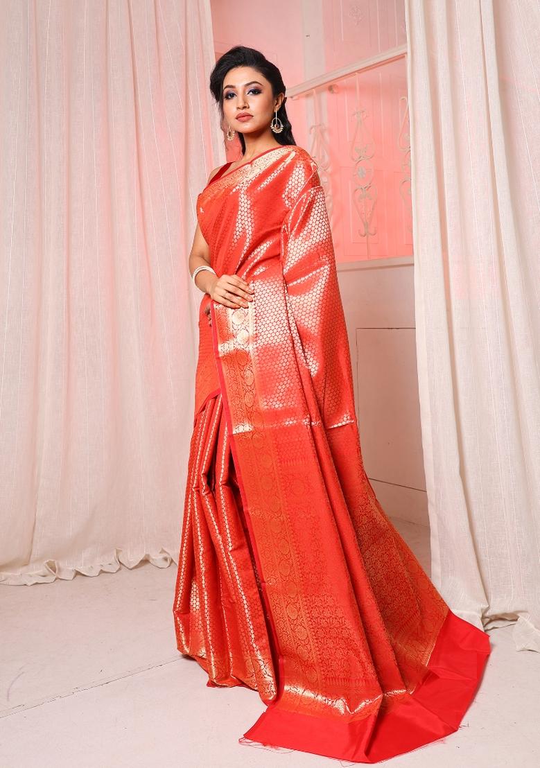 Red Solid Silk Blend Saree Set