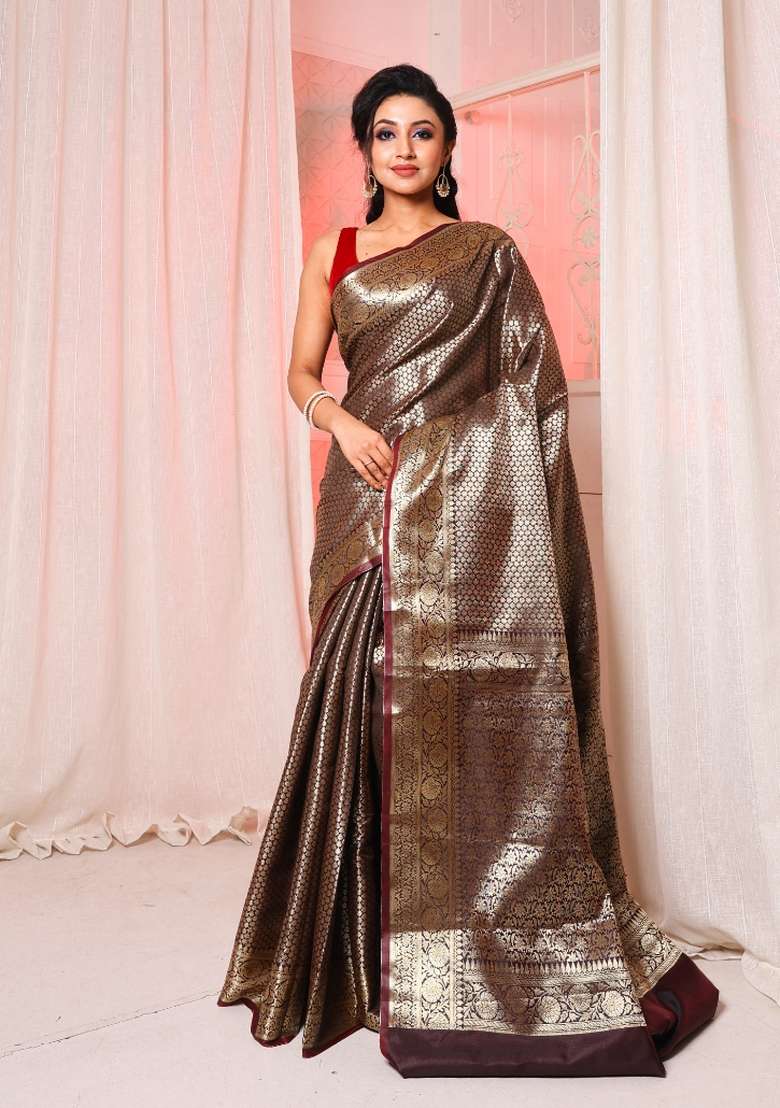 Brown Solid Silk Blend Saree Set for Diwali | Wedding & Festive Wear - Indya