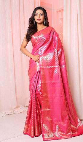 Pink Solid Silk Blend Saree Set