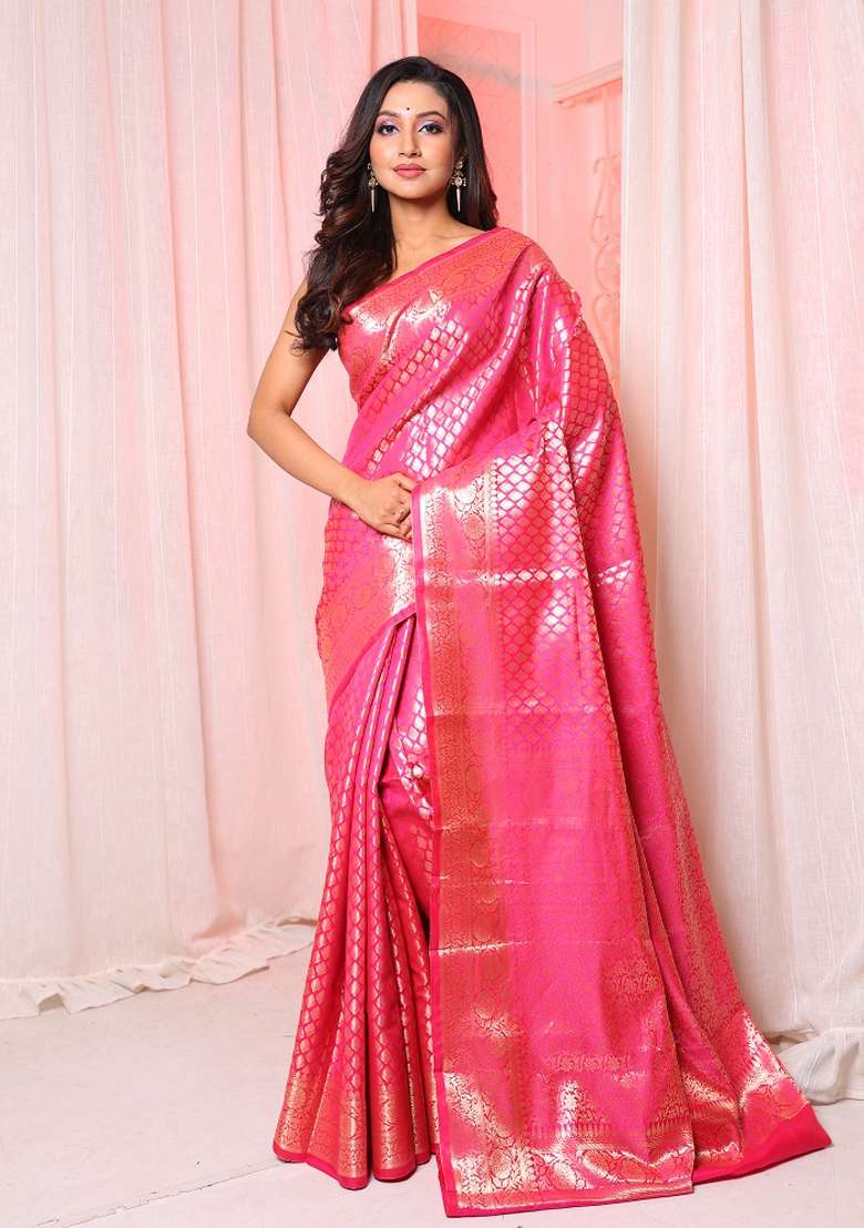 Pink Solid Silk Blend Saree Set for Diwali | Wedding & Festive Wear - Indya