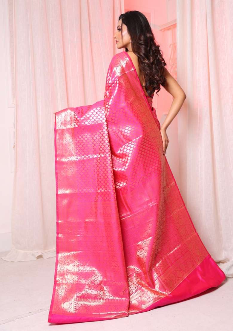 Pink Solid Silk Blend Saree Set for Diwali | Wedding & Festive Wear - Indya