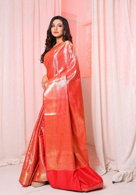 Red Solid Silk Blend Saree Set