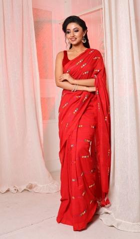 Red Solid Cotton Blend Saree Set