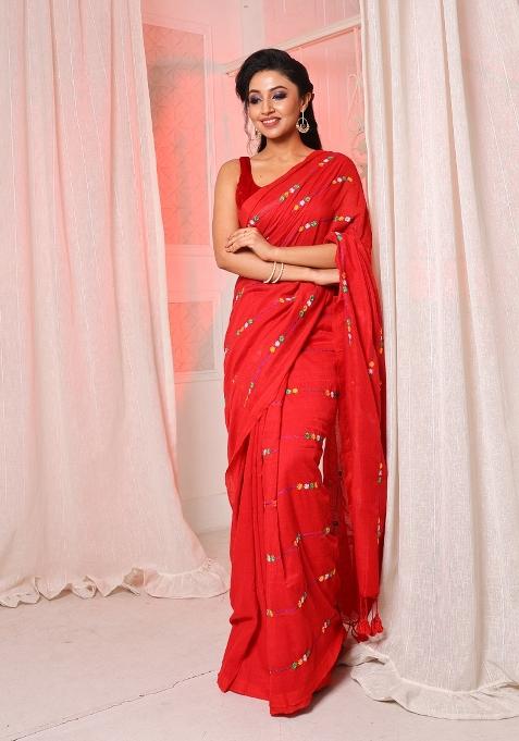 Red Solid Cotton Blend Saree Set