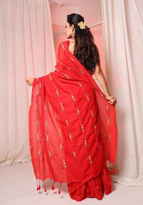 Red Solid Cotton Blend Saree Set