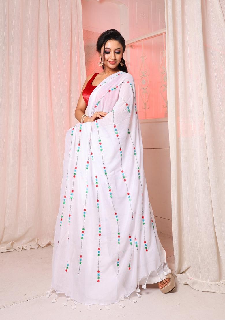 White Solid Cotton Blend Saree Set