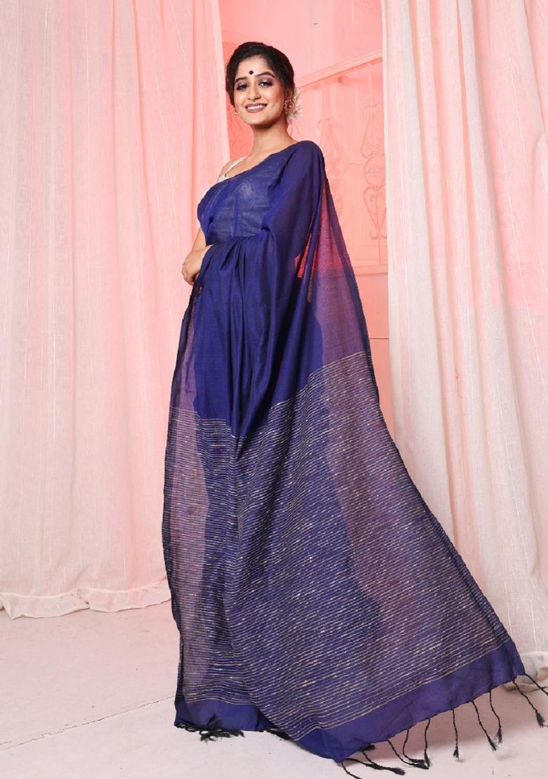 Blue Solid Cotton Blend Saree Set