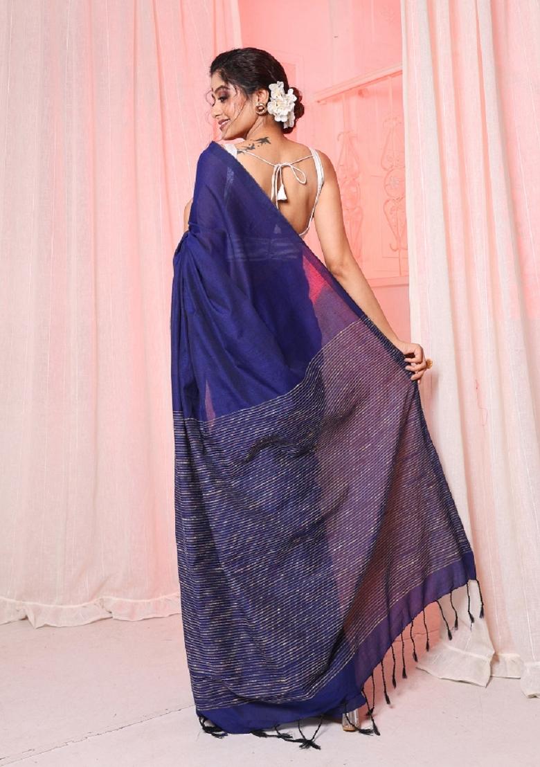 Blue Solid Cotton Blend Saree Set