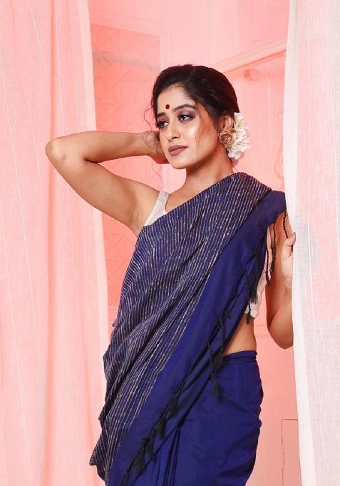 Blue Solid Cotton Blend Saree Set