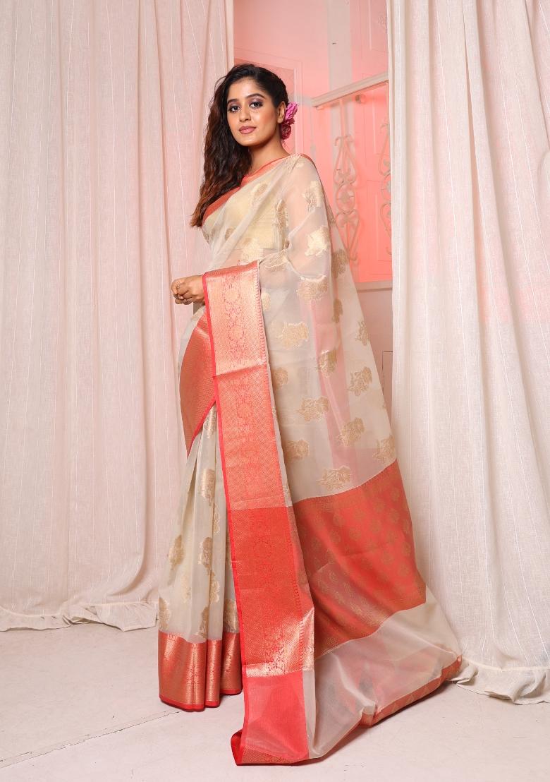 White Solid Silk Blend Saree Set