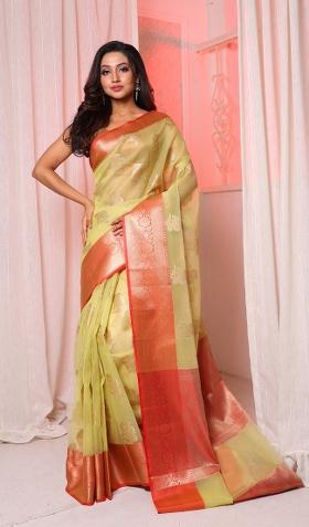 Olive Green Solid Silk Blend Saree Set