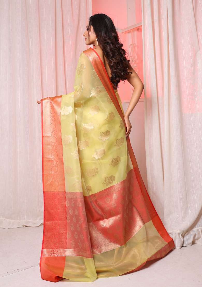 Olive Green Solid Silk Blend Saree Set for Diwali | Wedding & Festive Wear - Indya