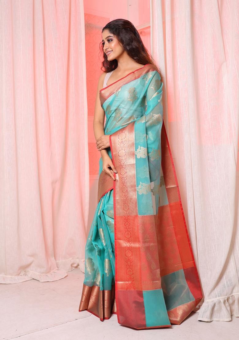Sea Green Solid Silk Blend Saree Set