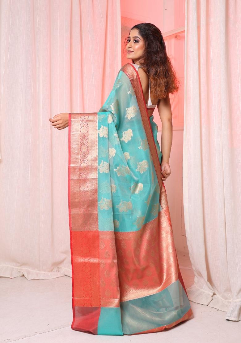 Sea Green Solid Silk Blend Saree Set
