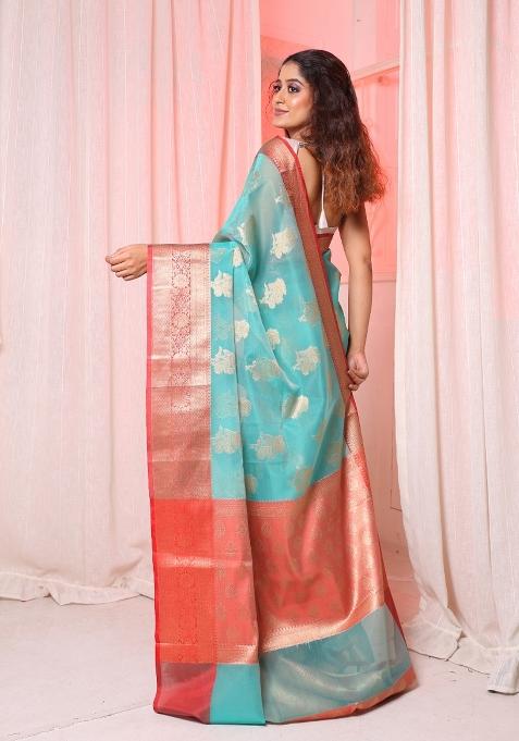 Sea Green Solid Silk Blend Saree Set