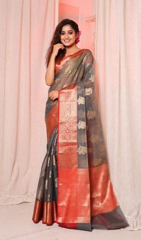 Dark Grey Solid Silk Blend Saree Set