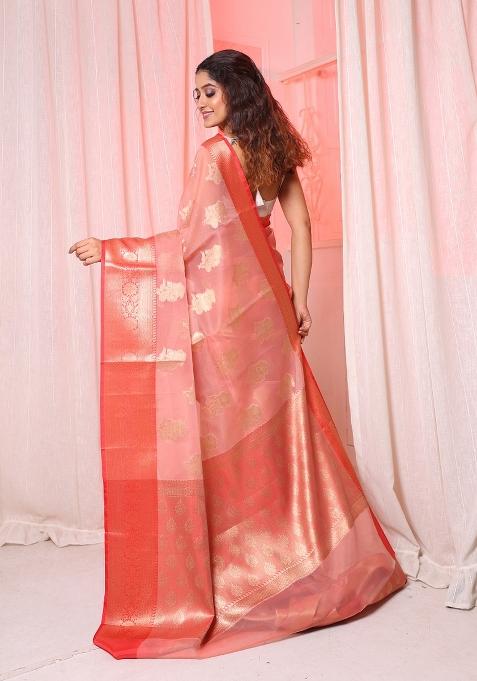 Peach Solid Silk Blend Saree Set