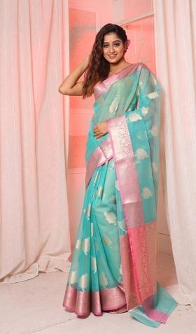 Sea Green Solid Silk Blend Saree Set