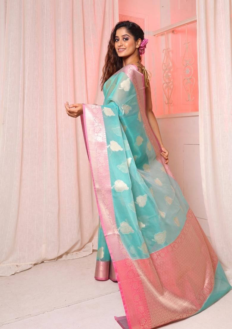 Sea Green Solid Silk Blend Saree Set