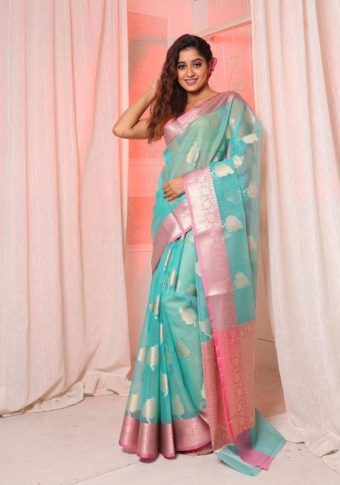 Sea Green Solid Silk Blend Saree Set