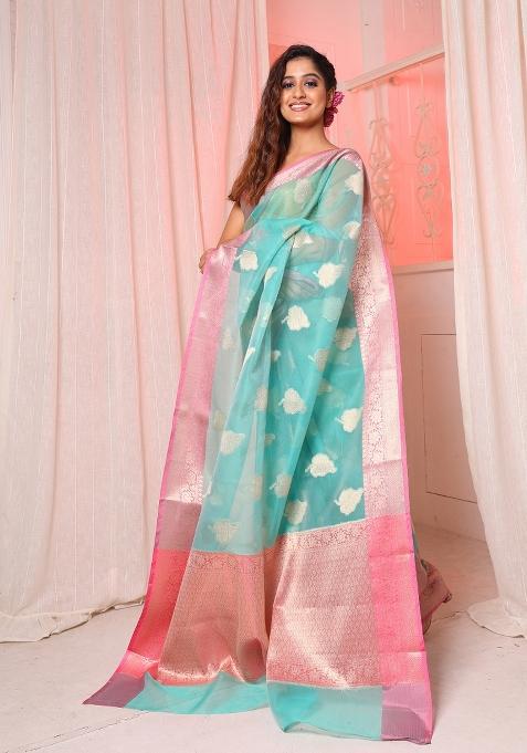 Sea Green Solid Silk Blend Saree Set