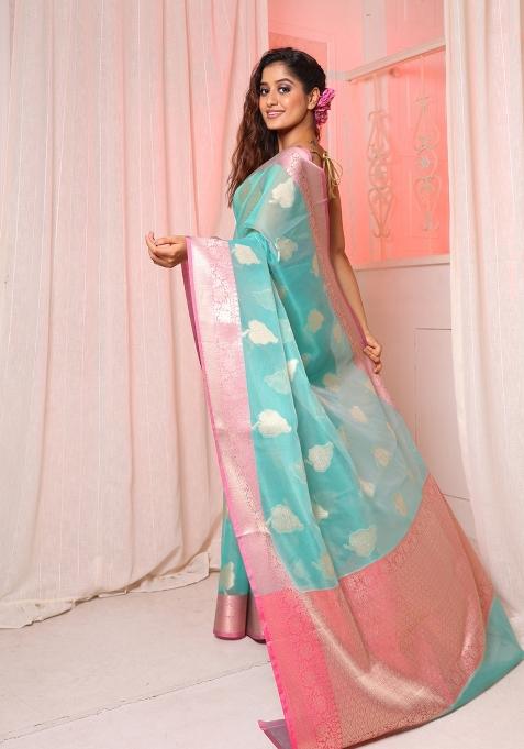 Sea Green Solid Silk Blend Saree Set