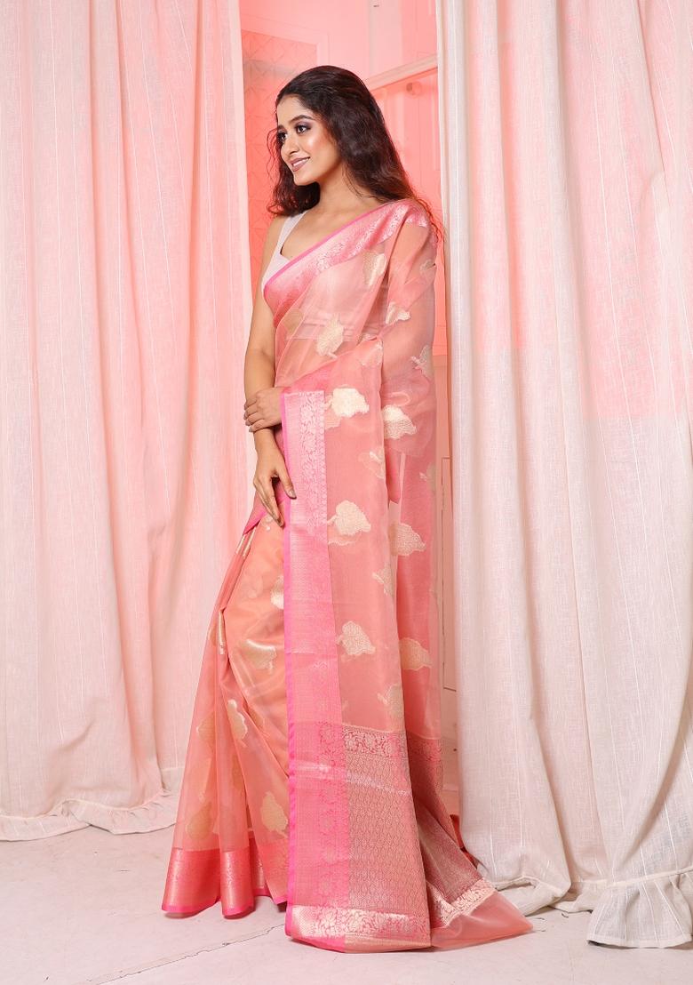 Peach Solid Silk Blend Saree Set