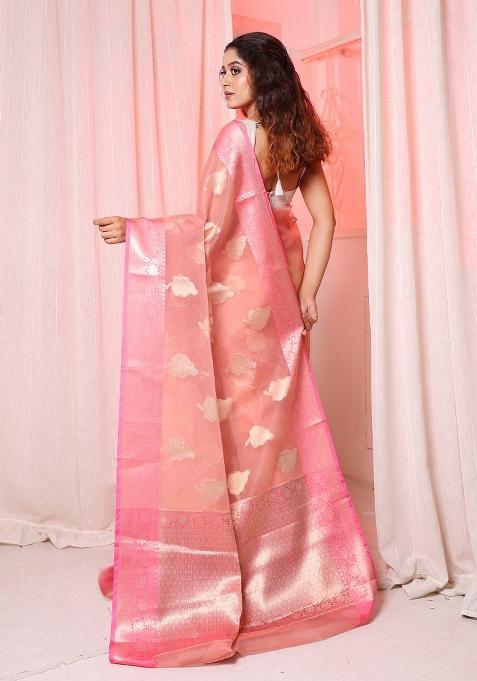 Peach Solid Silk Blend Saree Set