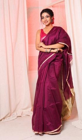 Purple Solid Cotton Blend Saree Set