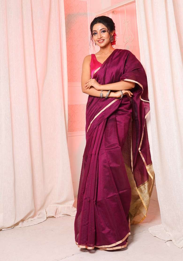 Purple Solid Cotton Blend Saree Set for Diwali and Festive Wear - Indya