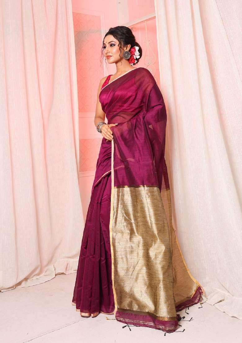 Purple Solid Cotton Blend Saree Set for Diwali and Festive Wear - Indya