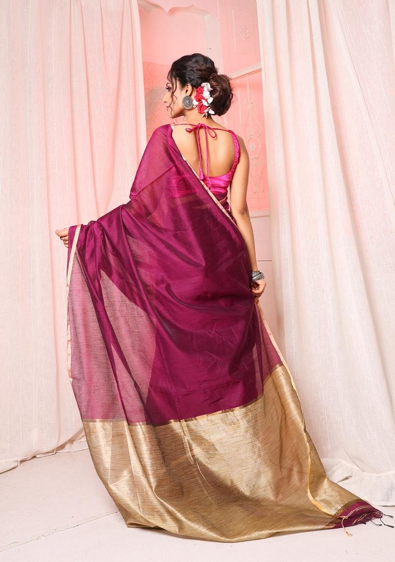 Purple Solid Cotton Blend Saree Set