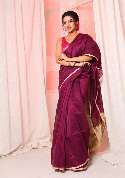 Purple Solid Cotton Blend Saree Set