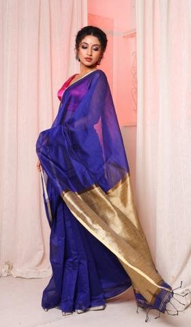 Royal Blue Solid Cotton Blend Saree Set