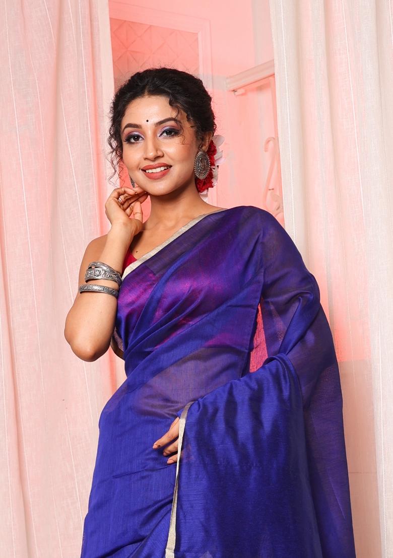 Royal Blue Solid Cotton Blend Saree Set