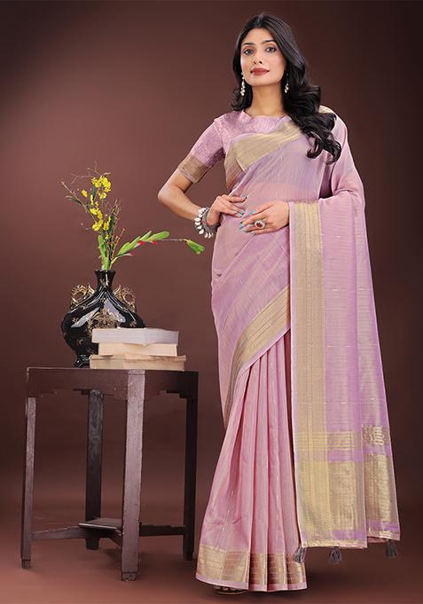 Purple Woven Zari Work Organza Saree Set