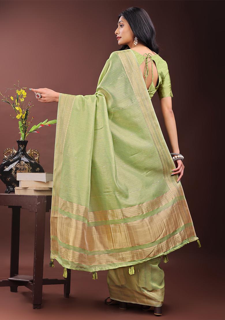Light Green Woven Zari Work Organza Saree Set